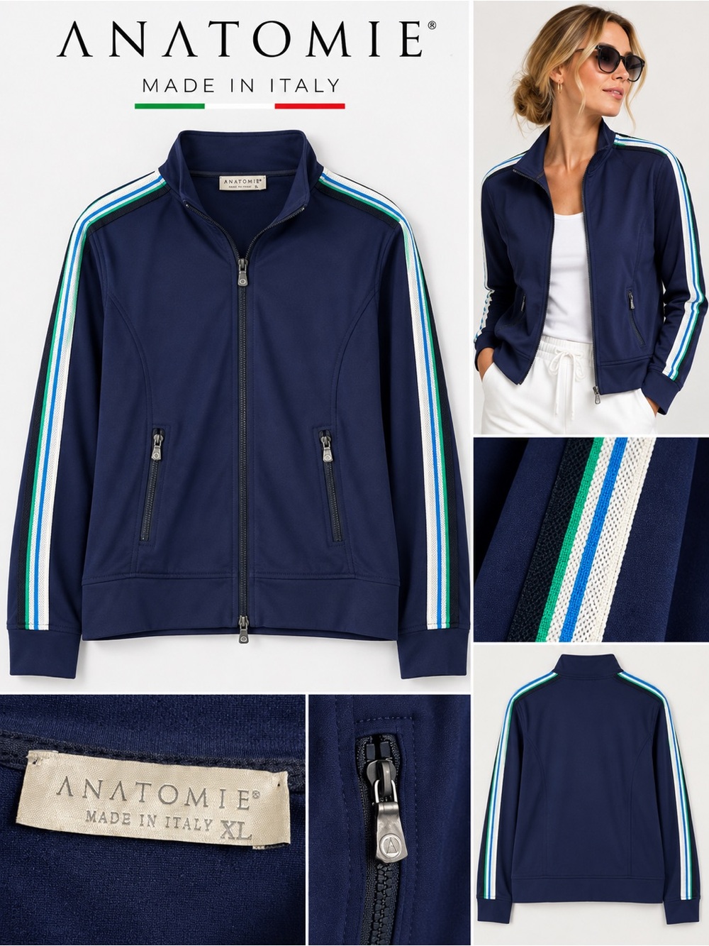 Anatomie Women’s XL Navy Track Jacket Italian Made Striped Zip Up